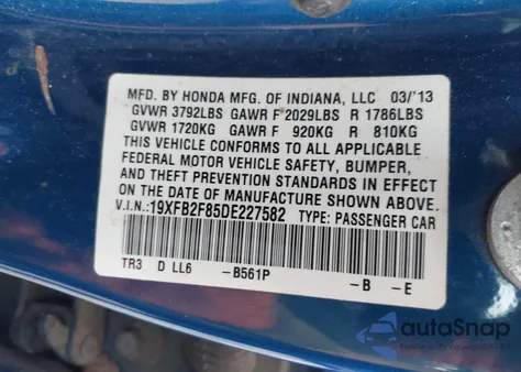2013 Honda Civic Ex from USA, damaged, VIN 19XFB2F85DE227582